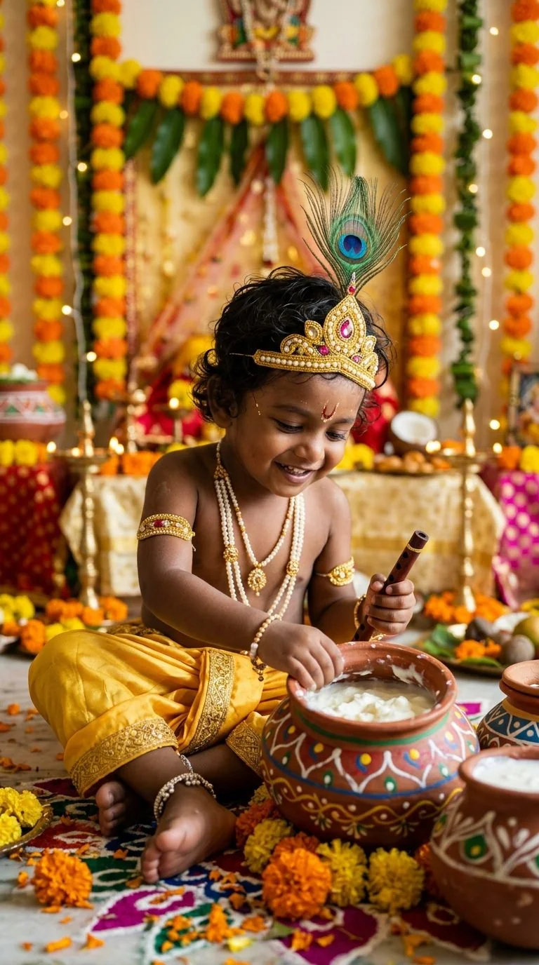 Cute 3D baby Bal Gopal Kanha happily eating white butter from an earthen matki handi with peacock crown