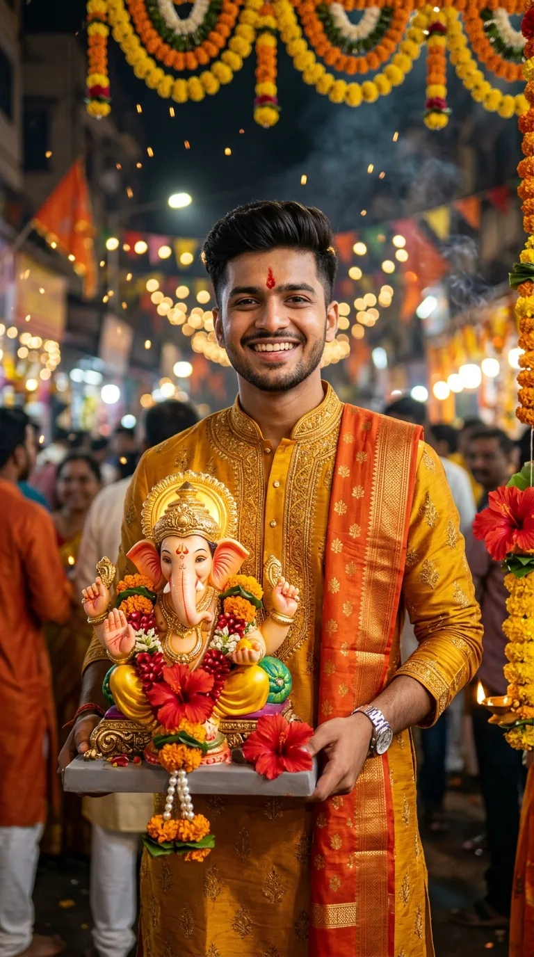 Ganesh Chaturthi royal agamani 3D AI prompt of handsome boy in mustard yellow silk kurta with name holding Lord Ganesha idol with red hibiscus for Google Gemini