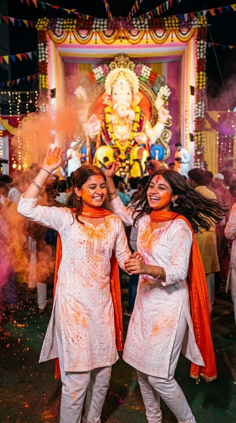High-energy 3D portrait of two Indian best friend girls dancing in white chikankari kurtas and orange dupattas covered in gulal before Lord Ganesha pandal