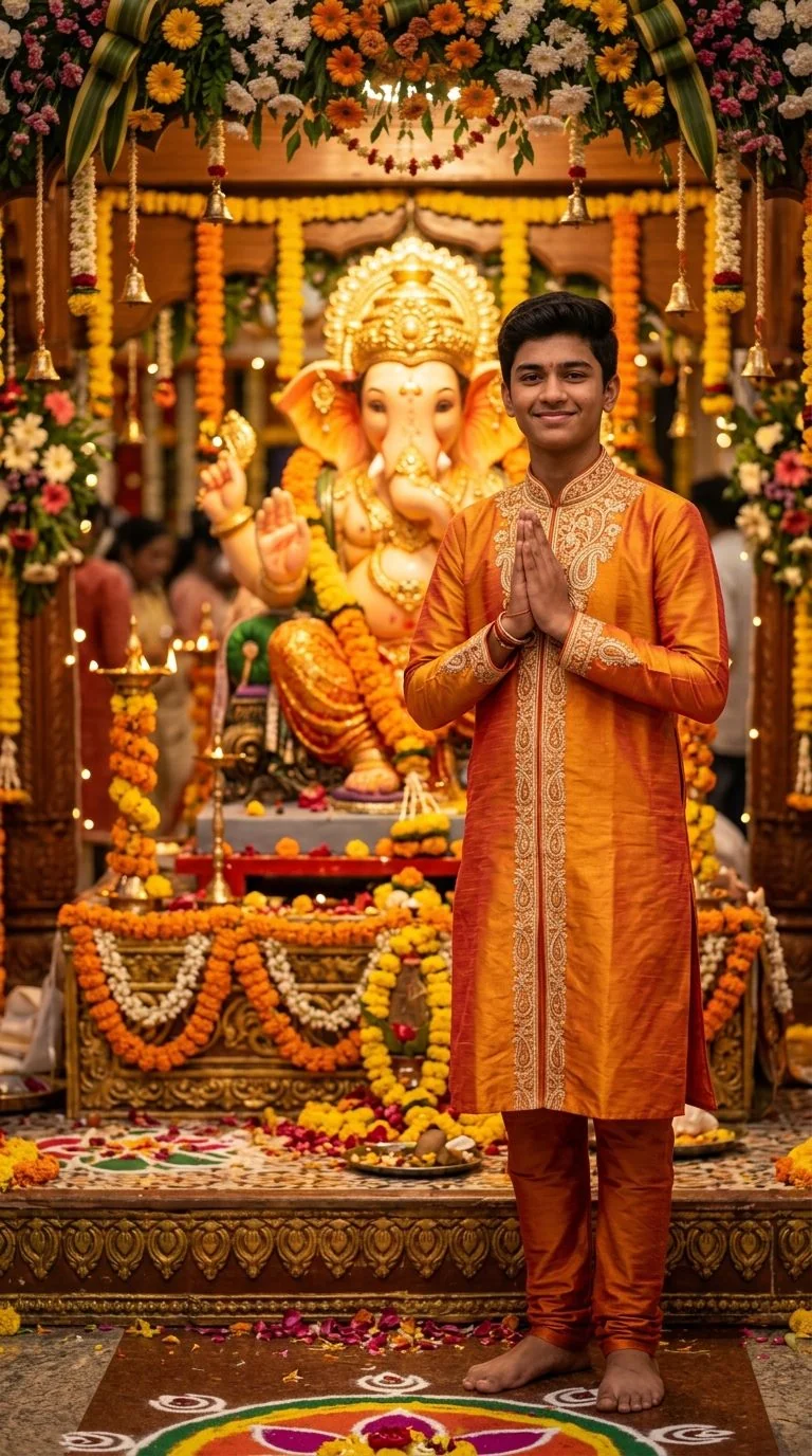 Realistic 3D portrait of 18-year-old boy in royal yellow kurta praying with folded hands to Lord Ganesha idol