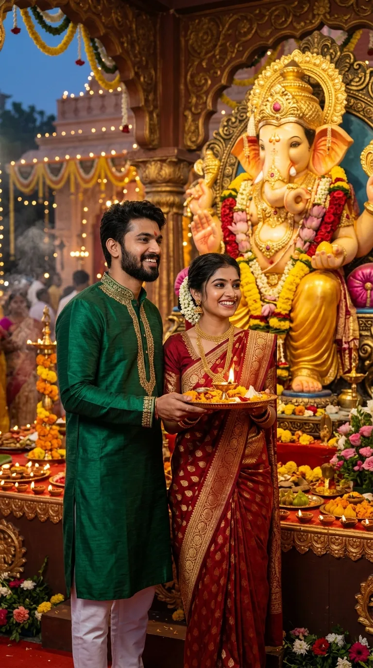 Ganesh Chaturthi couple 3D AI prompt featuring handsome boy in emerald green silk kurta and girl in maroon Banarasi saree holding aarti thali before grand golden Ganpati idol for ChatGPT