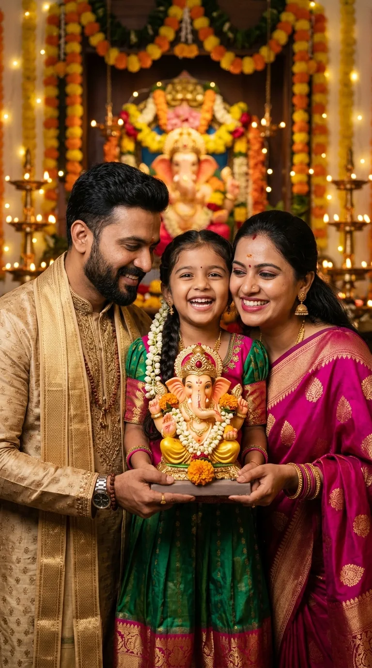 Ganesh Chaturthi happy Indian family 3D AI prompt of father, mother, and cute daughter holding golden Lord Ganesha idol at home for Google Gemini