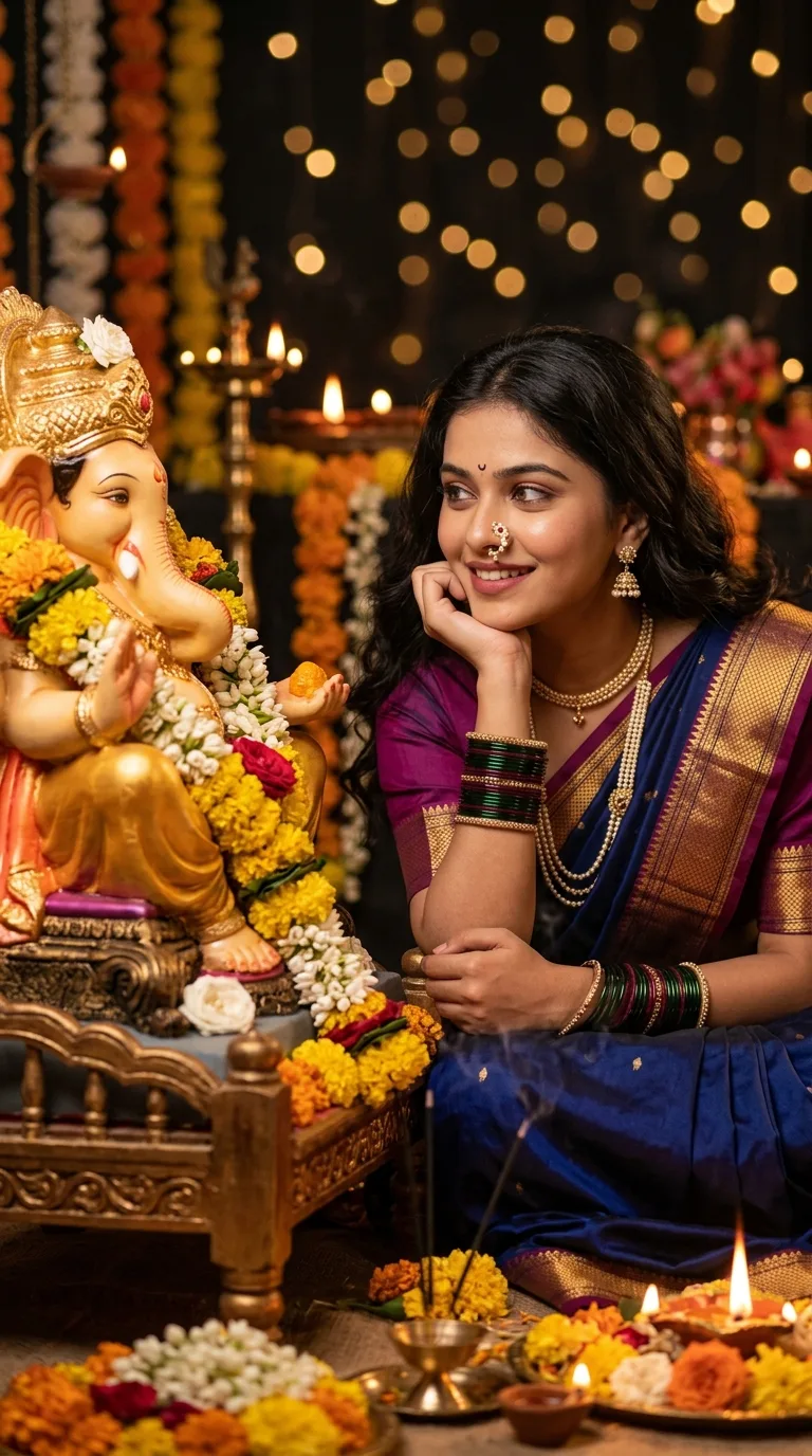 Ganesh Chaturthi girl devotion 3D AI prompt of young Indian woman in navy blue saree resting chin on hand looking lovingly at Lord Ganesha idol for ChatGPT