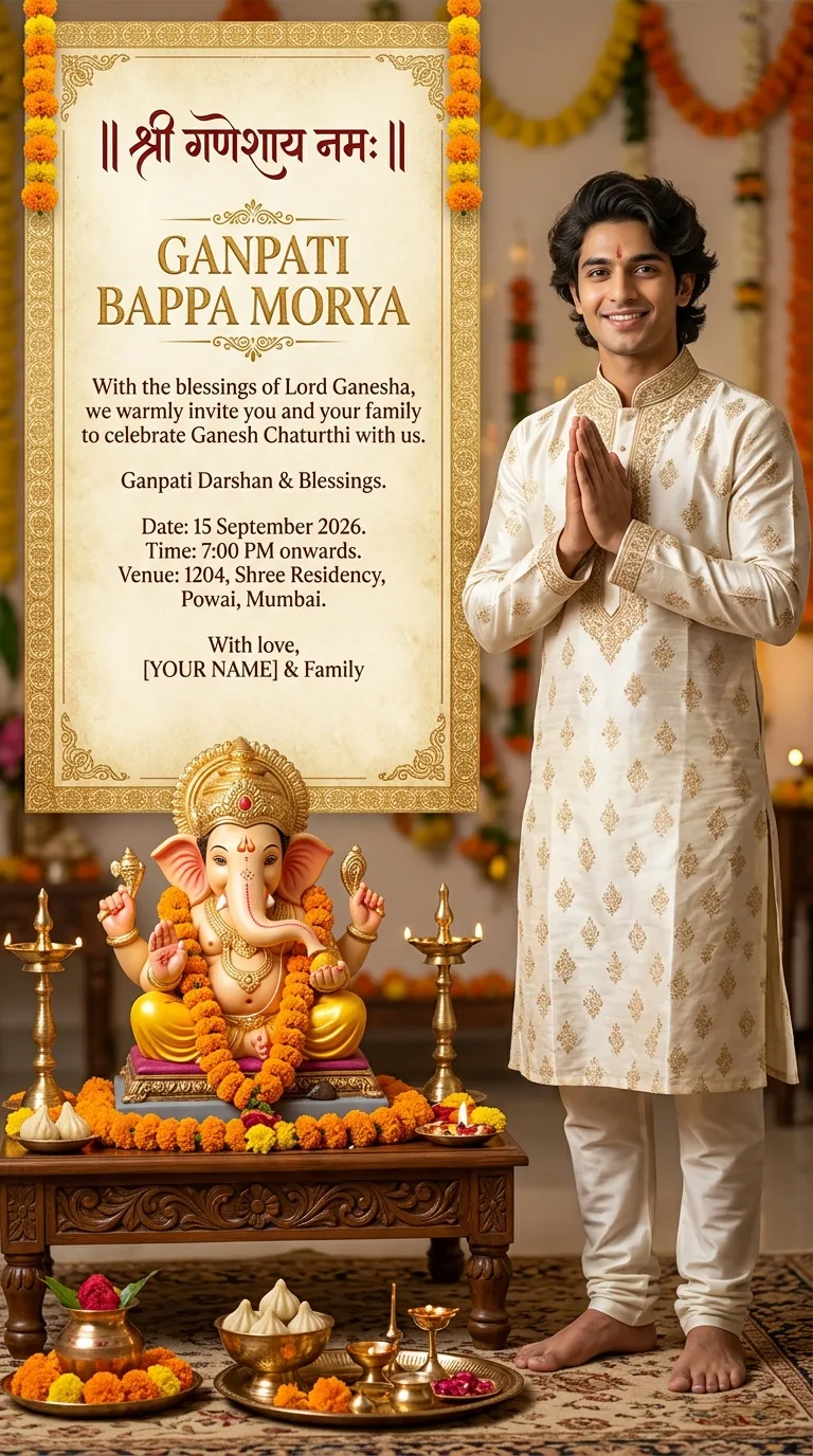 Ganesh Chaturthi home darshan invitation card 3D AI prompt featuring devotee boy in ivory kurta with Ganpati idol and event details for Google Gemini