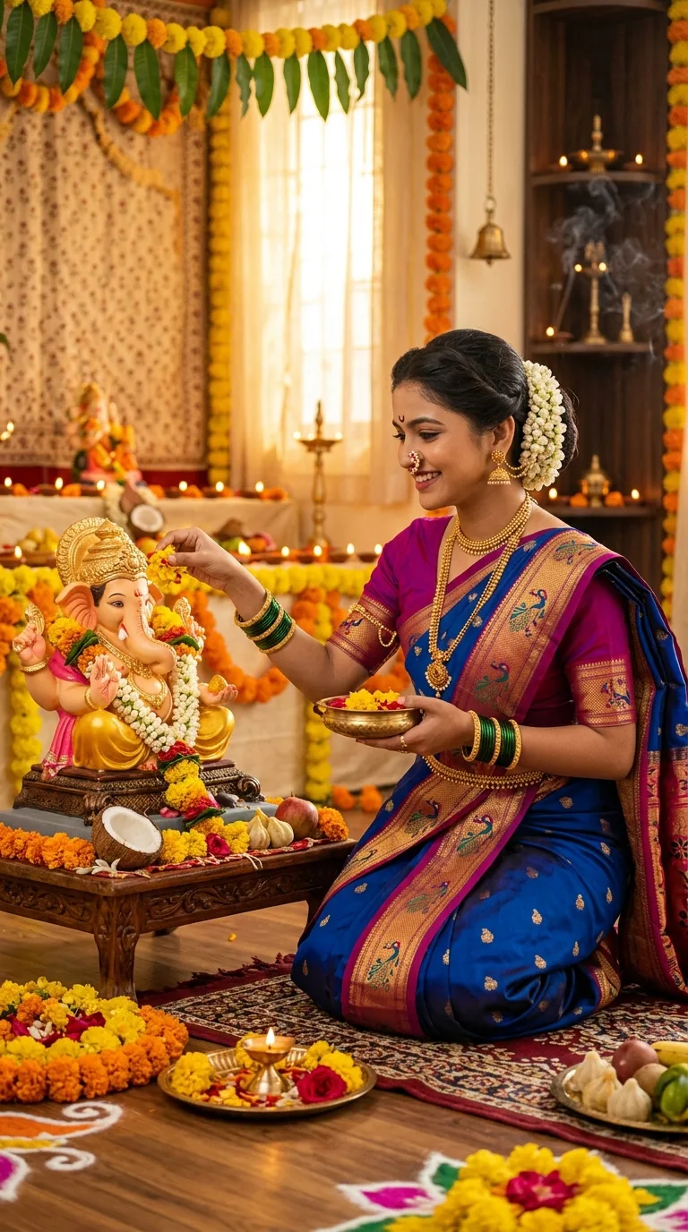 Ganesh Chaturthi traditional girl 3D AI prompt of young Indian woman in peacock blue Paithani saree with name offering marigold flowers to Lord Ganesha idol for Google Gemini