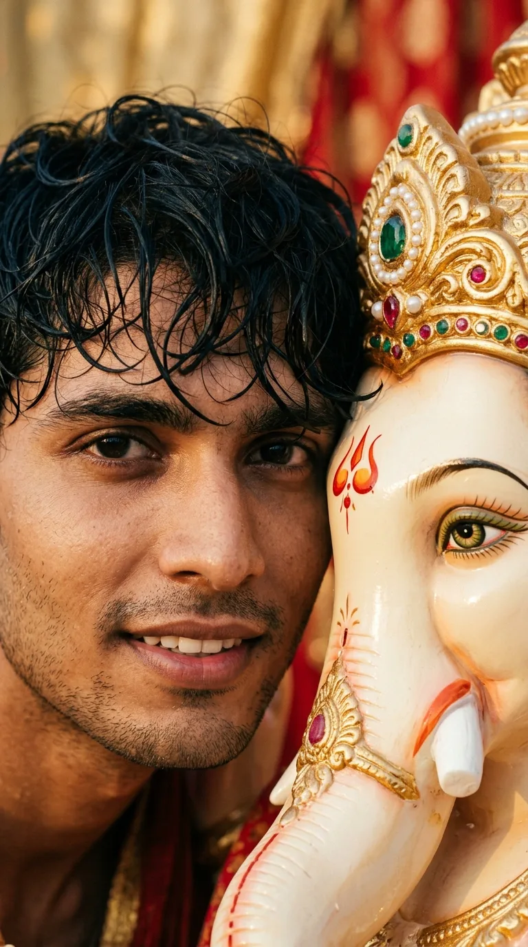 Viral Ganesh Chaturthi intimate close-up devotional selfie of handsome young Indian boy with wet wavy hair posing cheek-to-cheek with Lord Ganesha idol for ChatGPT