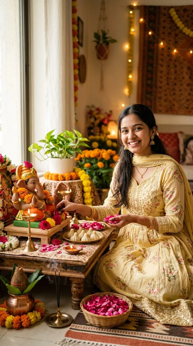 Photorealistic 3D portrait of Indian girl in pastel yellow floral anarkali offering rose petals to Lord Ganesha idol with modak thali