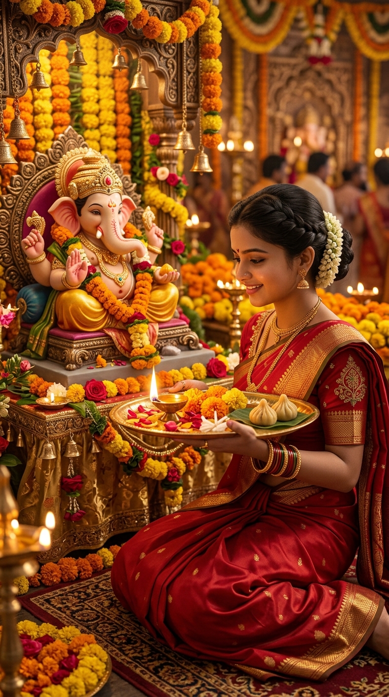 Banarasi Silk Saree AI Prompt - 3D Traditional Temple Aarti Girls DP