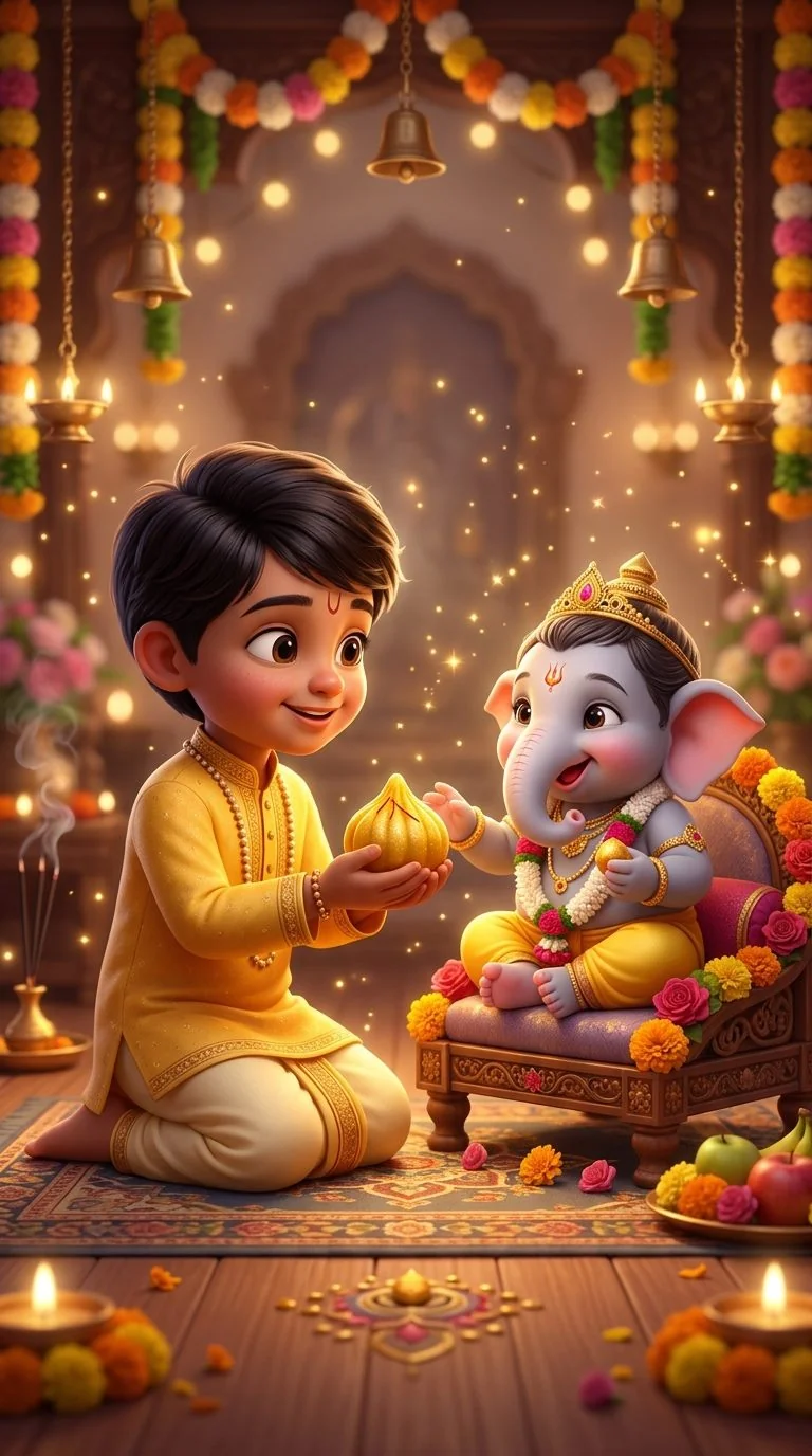 Cute 3D Pixar animated Indian toddler boy in yellow kurta with name offering golden modak to baby Lord Ganesha on mini throne for Google Gemini prompt