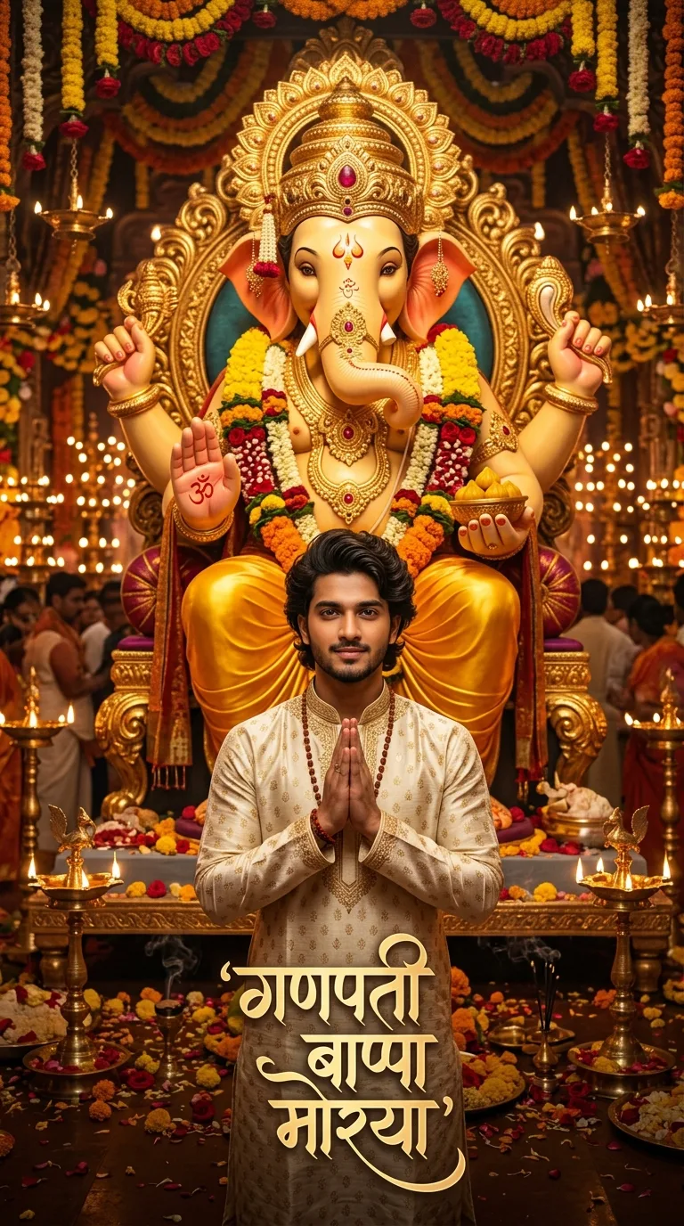 Lalbaugcha Raja colossal golden Lord Ganesha darshan 3D AI prompt of devotee boy in ivory kurta with Ganpati Bappa Morya calligraphy for Google Gemini