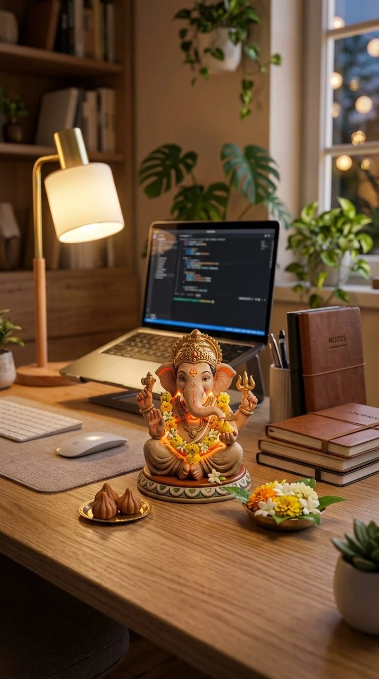 Aesthetic 3D modern desk setup with miniature handcrafted Lord Ganesha idol, chocolate modaks, coding laptop and custom nameplate for Google Gemini