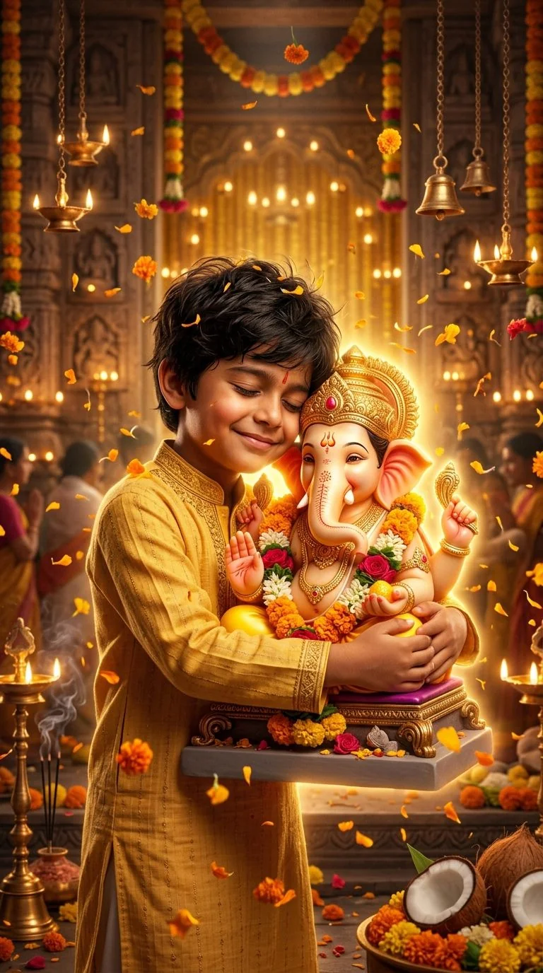 Emotional divine cinematic 3D portrait of cute young boy lovingly hugging glowing Lord Ganesha idol with golden name embroidery