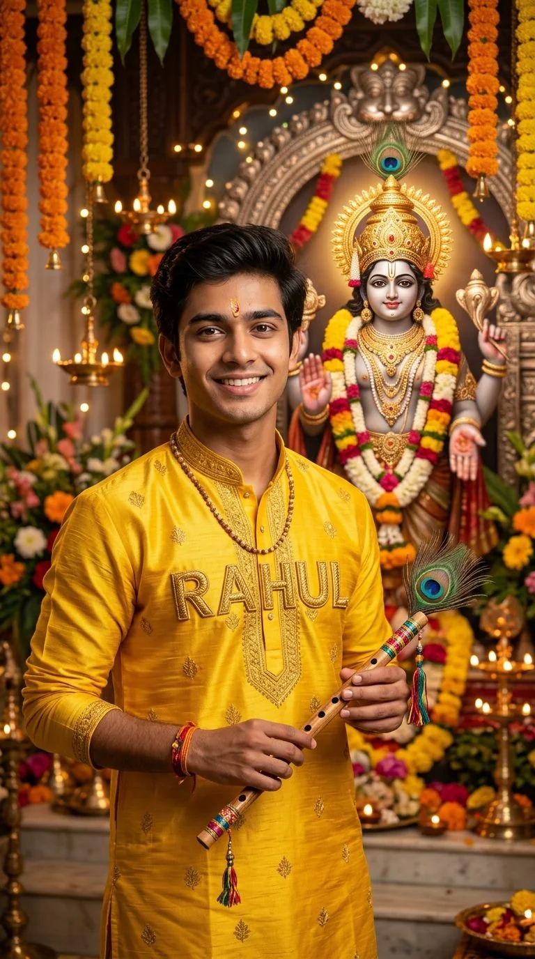 Realistic 3D face swap photo edit of young boy in festive yellow kurta holding flute for Krishna Janmashtami