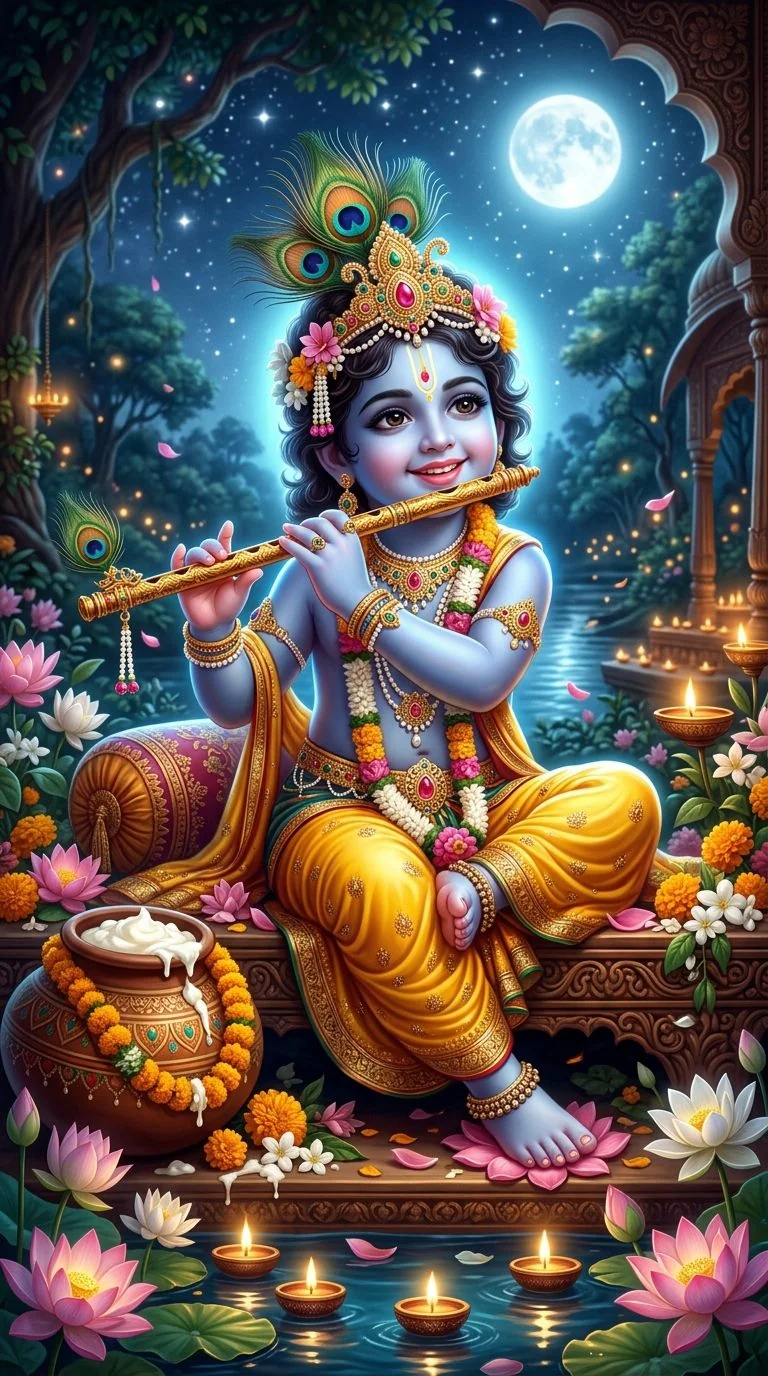 Divine 3D artwork of Little Bal Krishna playing golden flute beside a moonlit lotus pond with glowing peacock feathers