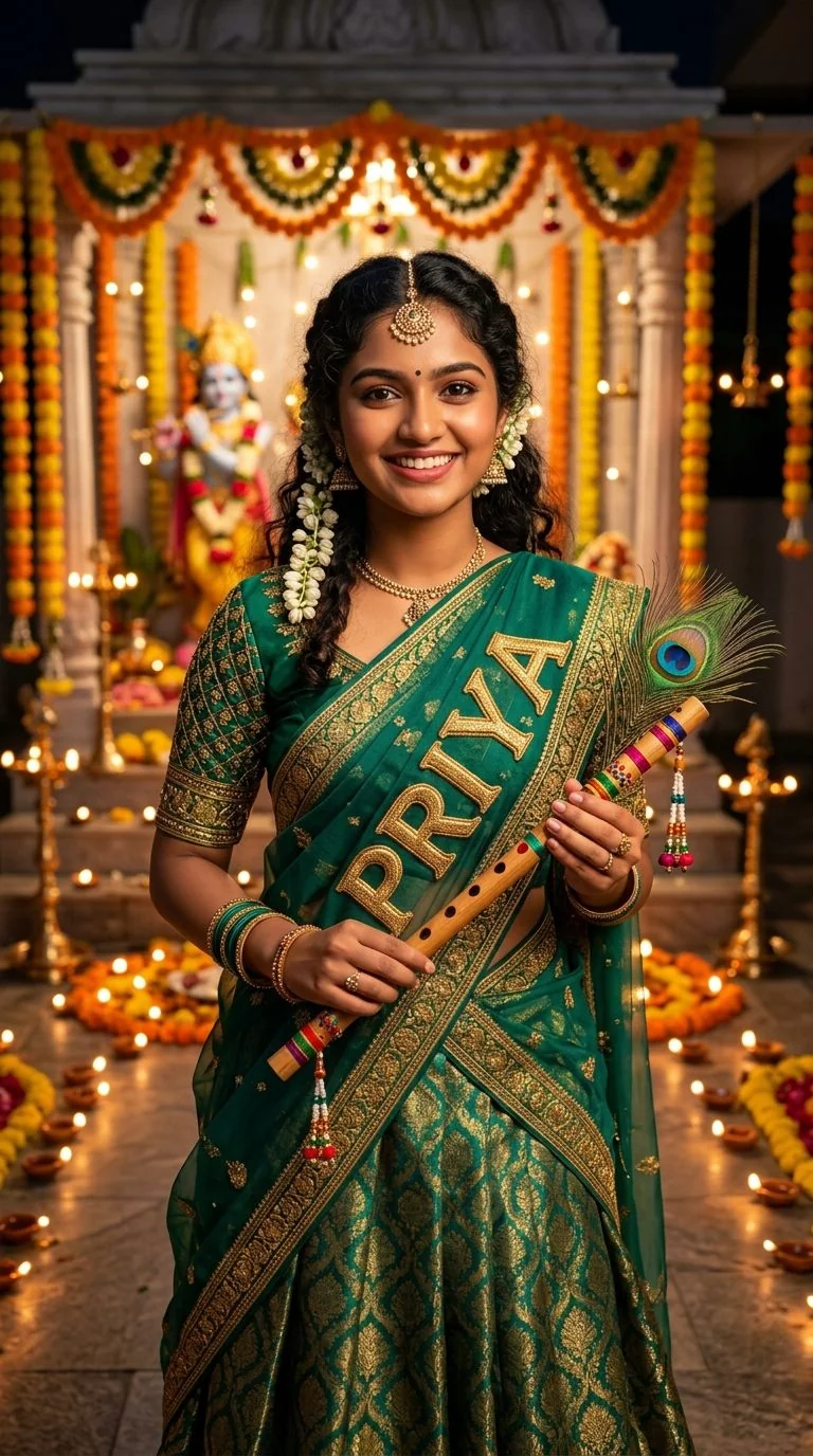 3D beautiful Indian girl in emerald green silk saree holding bansuri with custom name embroidery for Krishna Janmashtami DP