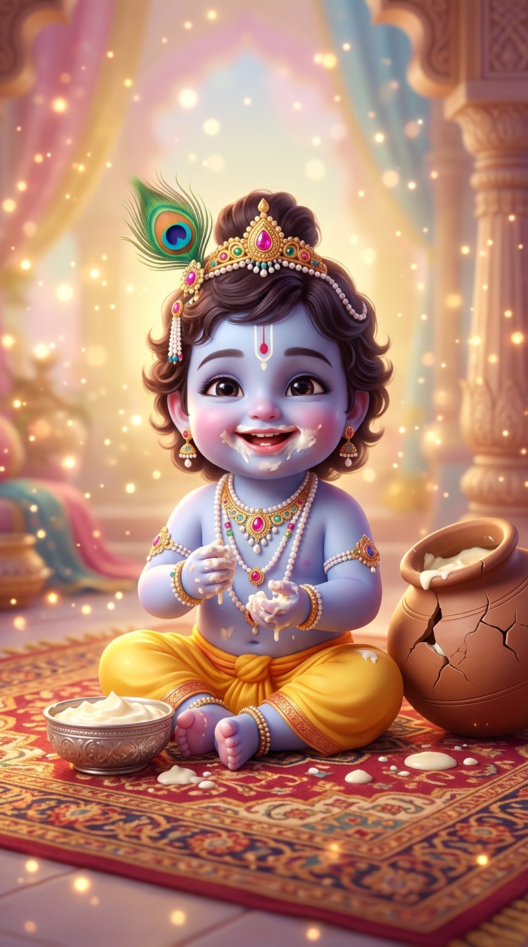Little Krishna Prompt Gemini - 3D Cute Bal Gopal Butter Matki