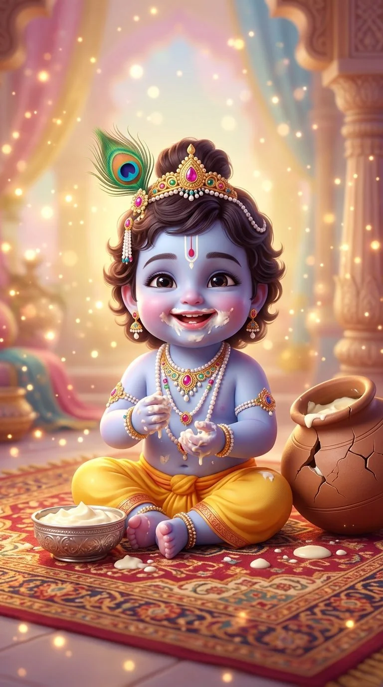 Adorable 3D baby Krishna Bal Gopal with sweet smile dipping hands into clay pot filled with freshly churned butter