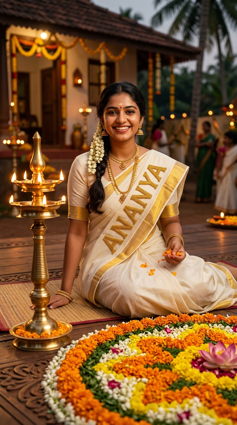Onam AI Photo Editing Prompt - 3D Kerala Kasavu Saree & Pookalam Girl DP
