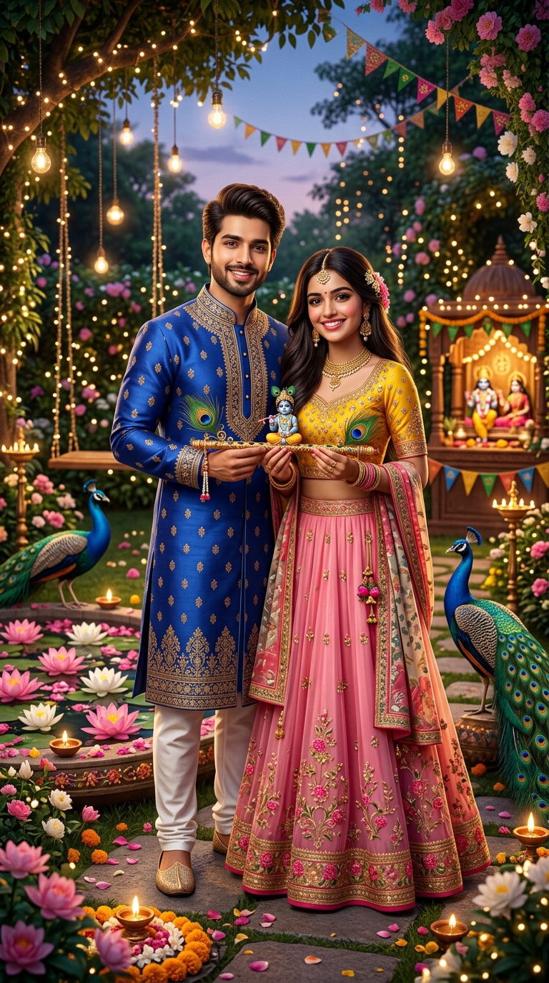 Radha Krishna AI Prompt - 3D Divine Vrindavan Flute & Peacock Sunset DP