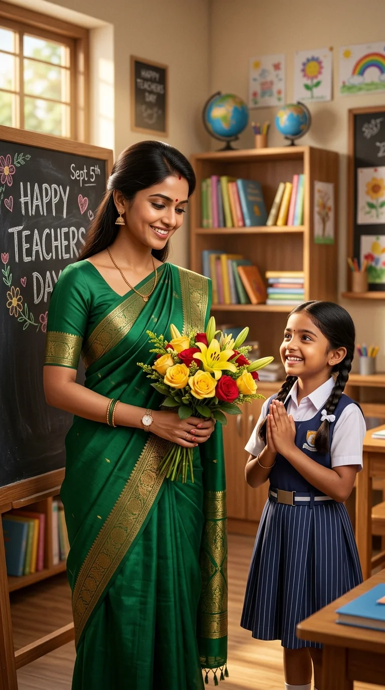 8K realistic portrait of beautiful Indian female school teacher in emerald green silk saree holding flower bouquet with schoolgirl in pinstripe pinafore folding hands in Namaste for Teachers Day Gemini prompt