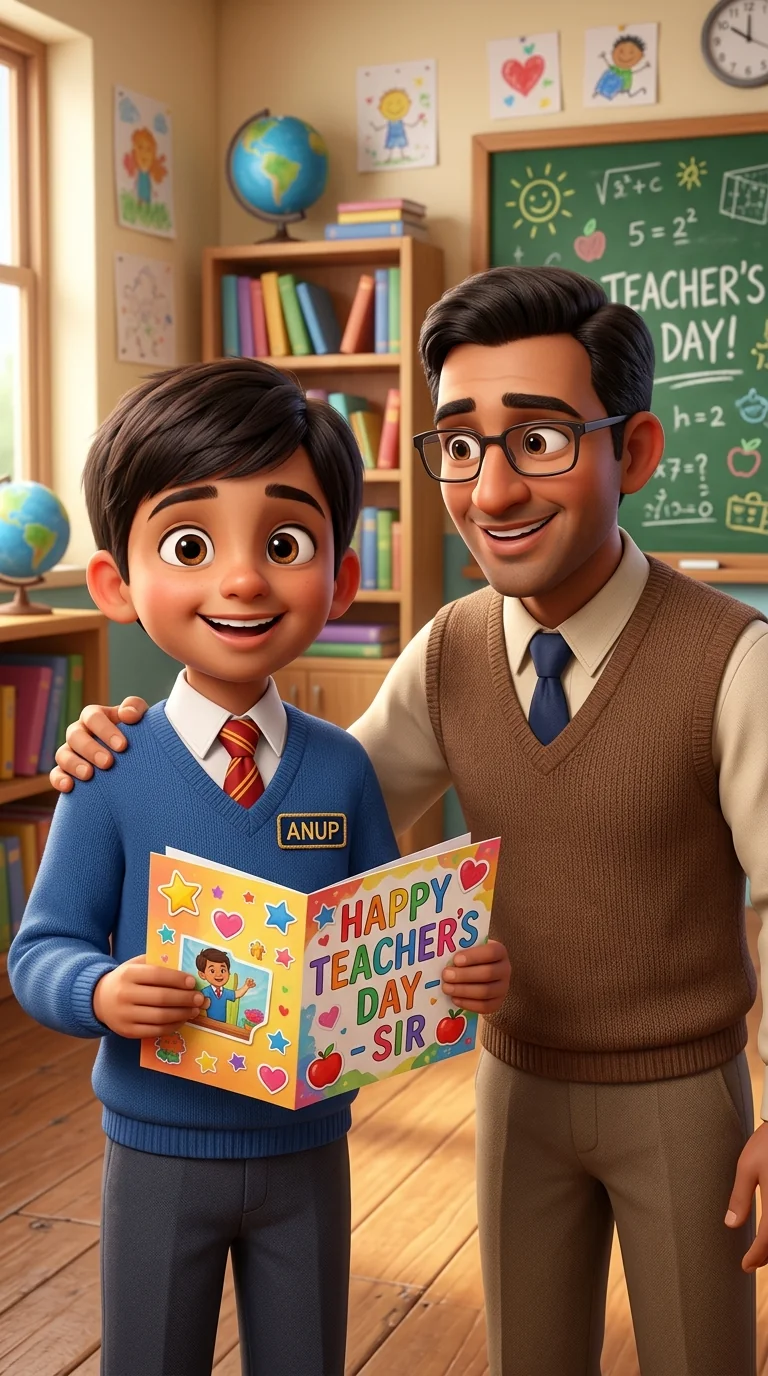 Cute Pixar 3D animated Indian schoolboy in royal blue sweater with name badge holding greeting card beside male teacher in sweater vest for ChatGPT Teachers Day prompt