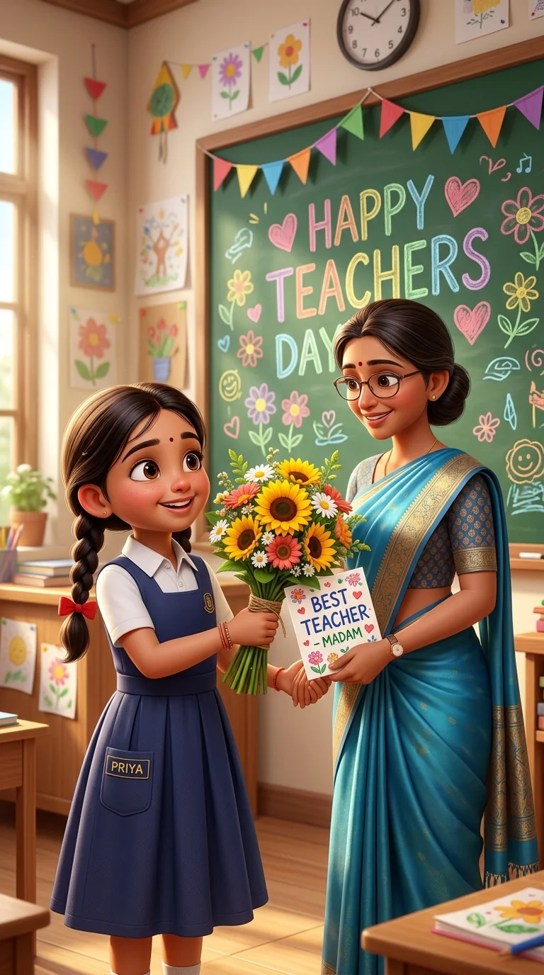 Cute Pixar 3D animated style Indian schoolgirl in navy pinafore with name patch offering sunflower bouquet and card to teacher in sky blue saree for Google Gemini prompt