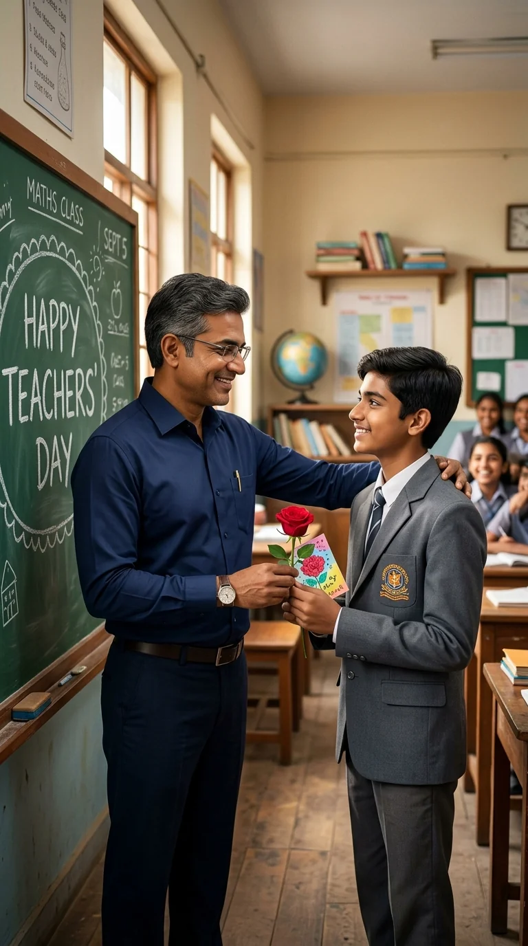 8K realistic portrait of Indian male teacher in navy shirt with hand on student shoulder jointly holding red rose and handmade greeting card in classroom for ChatGPT Teachers Day prompt
